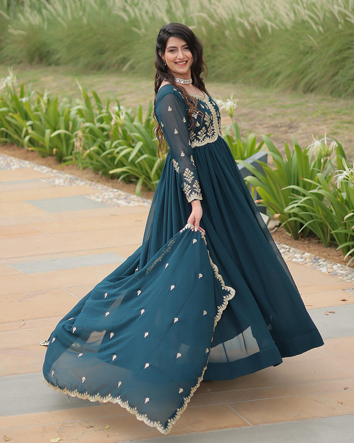 Designer Rama Color Anarkali Gown With Embroidery Dupatta