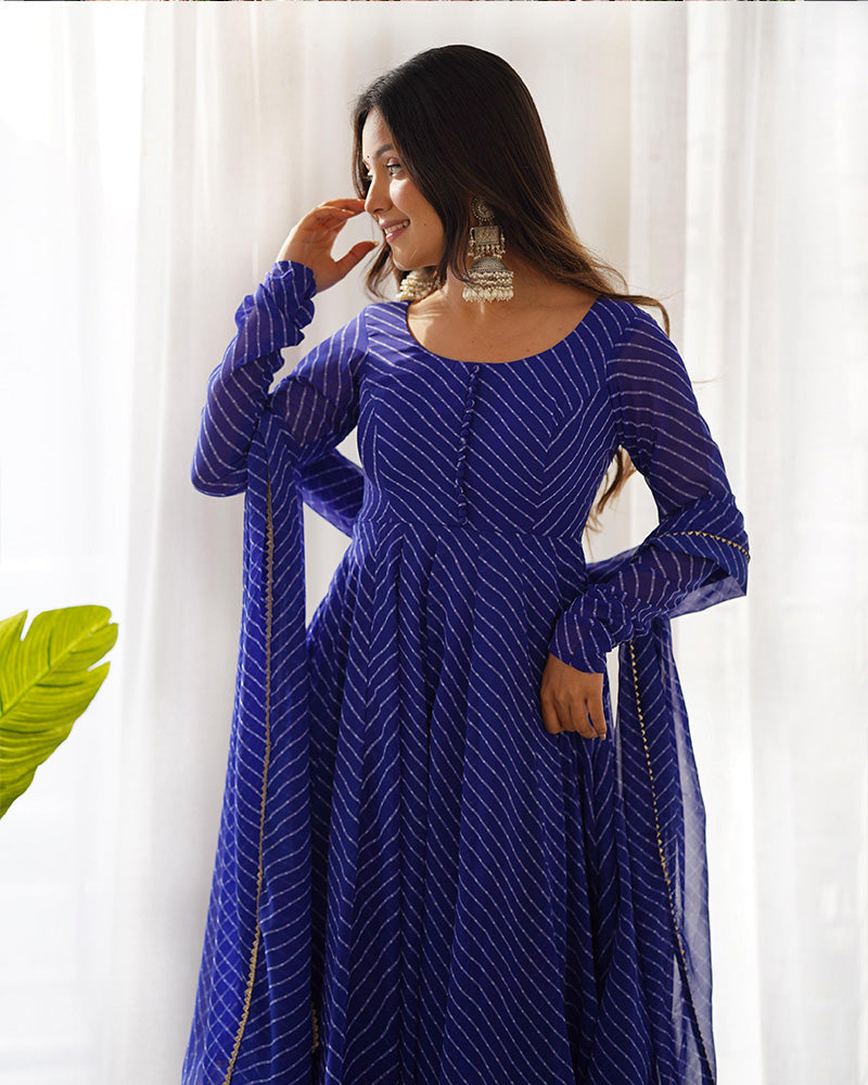 Royal Blue Color Laheriya Print Georgette Three Piece Anarkali Suit