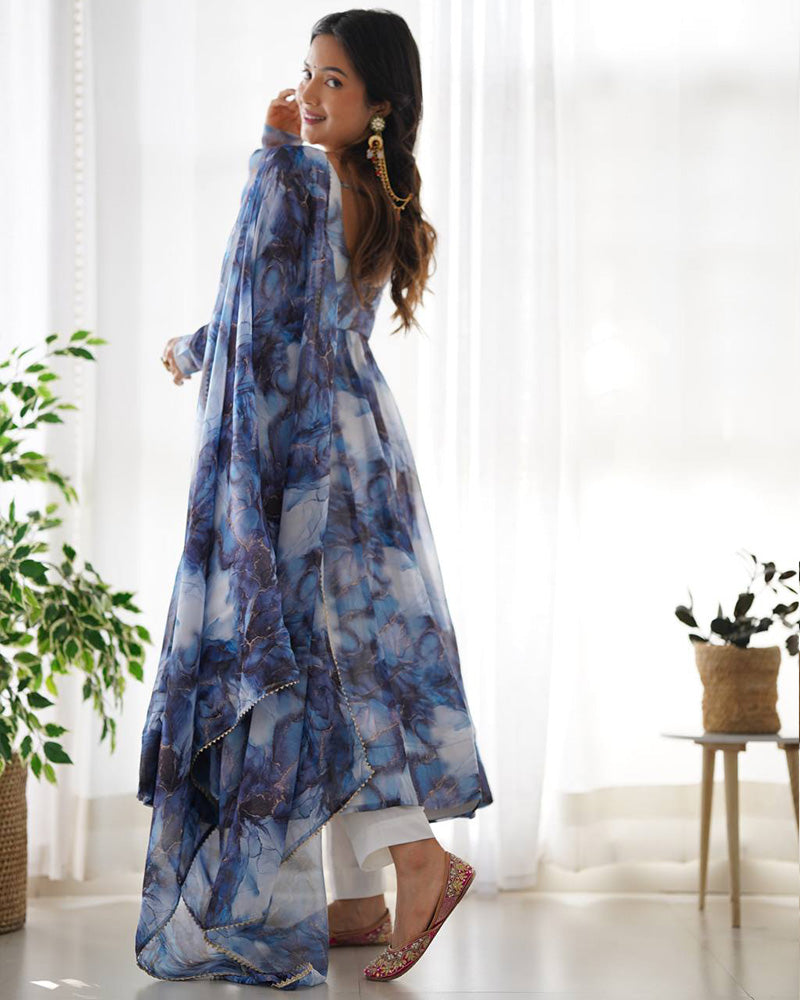 Navy Blue Color Pure Soft Organza Three Piece Anarkali Suit