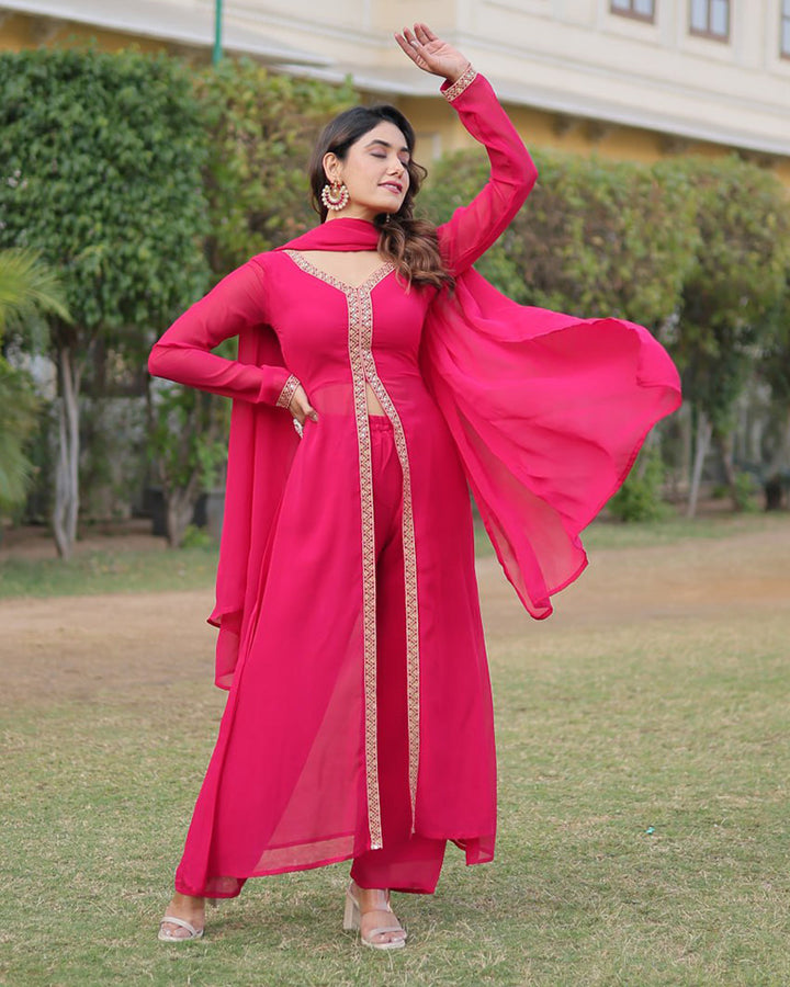 Western style Pink Color Georgette Kurti Pant With Dupatta