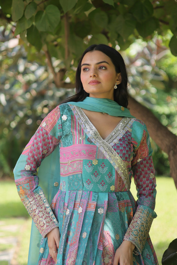 Sky Blue Color Russian Silk Fully Stitched Gown With Dupatta