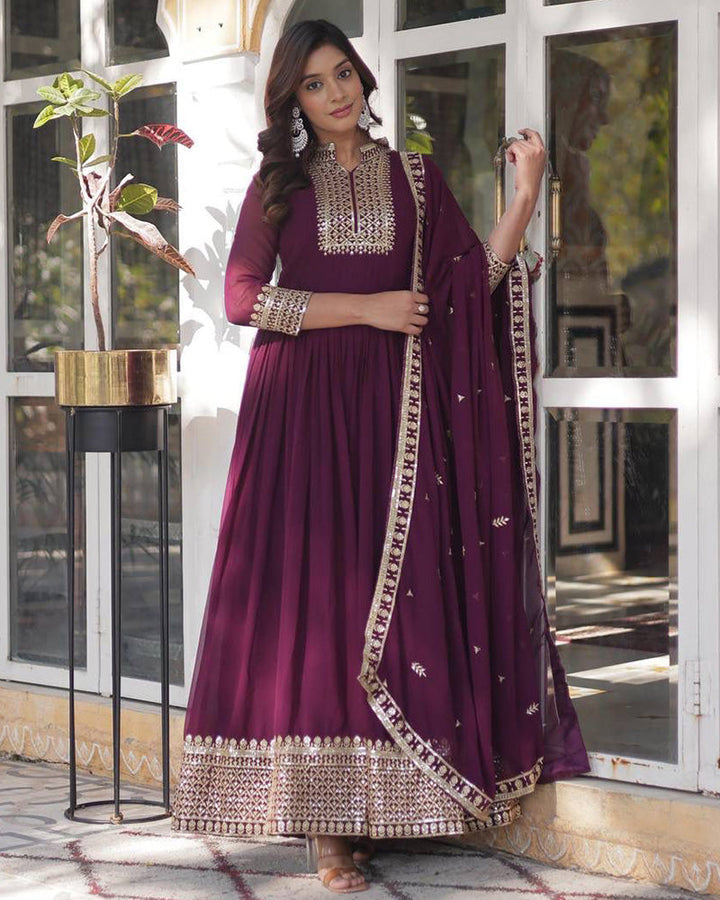 Wine Color Faux Blooming Rich Embroidered Work Gown