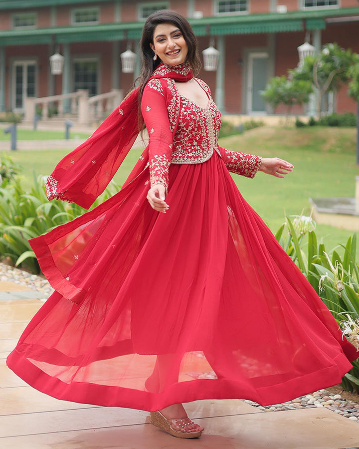 Pink Color Faux Blooming Multi Embroidered Work Gown
