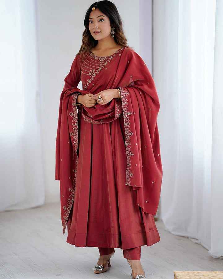 Designer Maroon Color Roman Shimmer Chanderi Silk Anarkali Suit