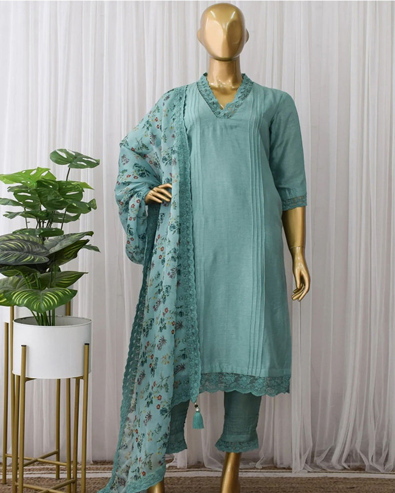 Pista Green Soft Cotton Silk Kurti Pant With Dupatta