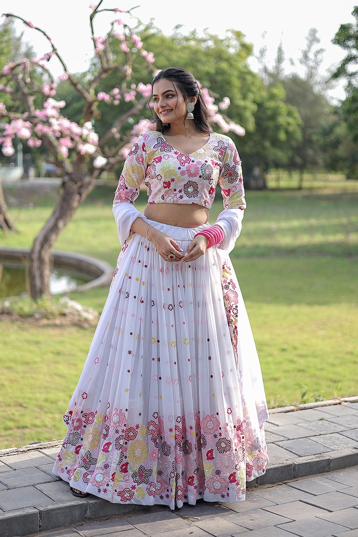 Wedding Wear White Color Georgette Embroidery  Lehenga Choli