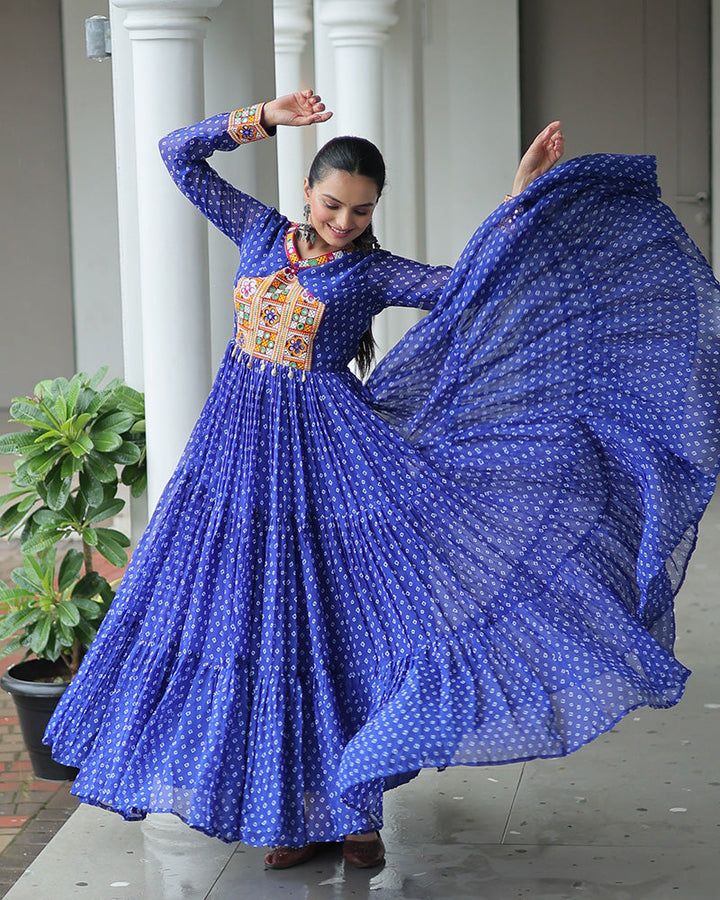 Blue Color Georgette Bandhani Print Navratri Gown