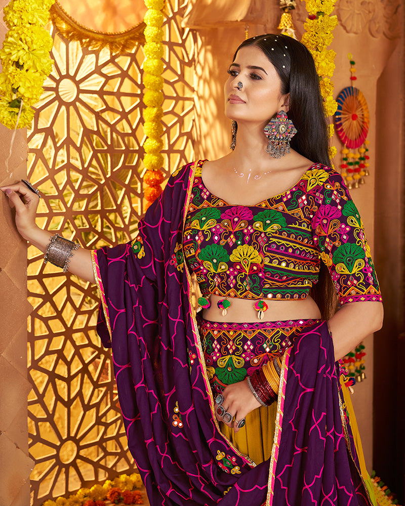 Traditional Mustard Multi Color Thread And Mirror Work Lehenga Choli