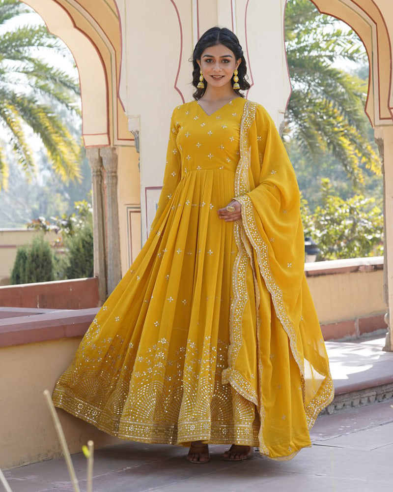 Beautiful Yellow Color Georgette Gown With Sequence Embroidery Dupatta