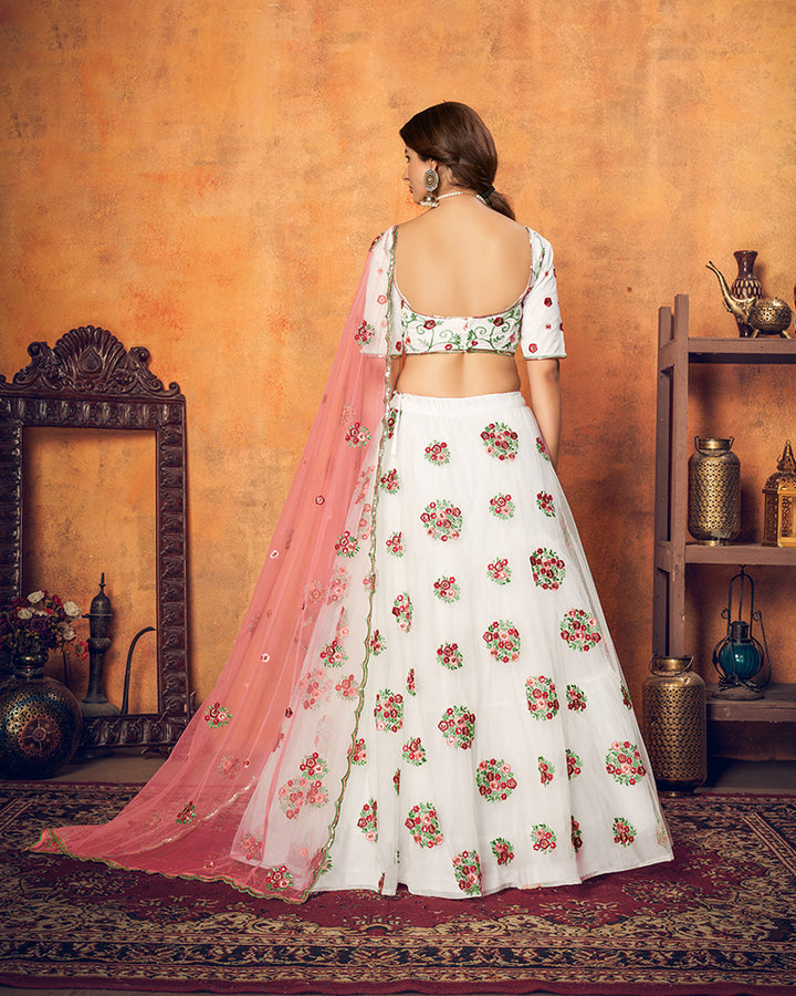 White And Peach color Soft Net Embroidery Lehenga Choli