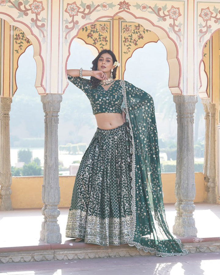 New Design Green Color Sequence Embroidered Jacquard Lehenga Choli