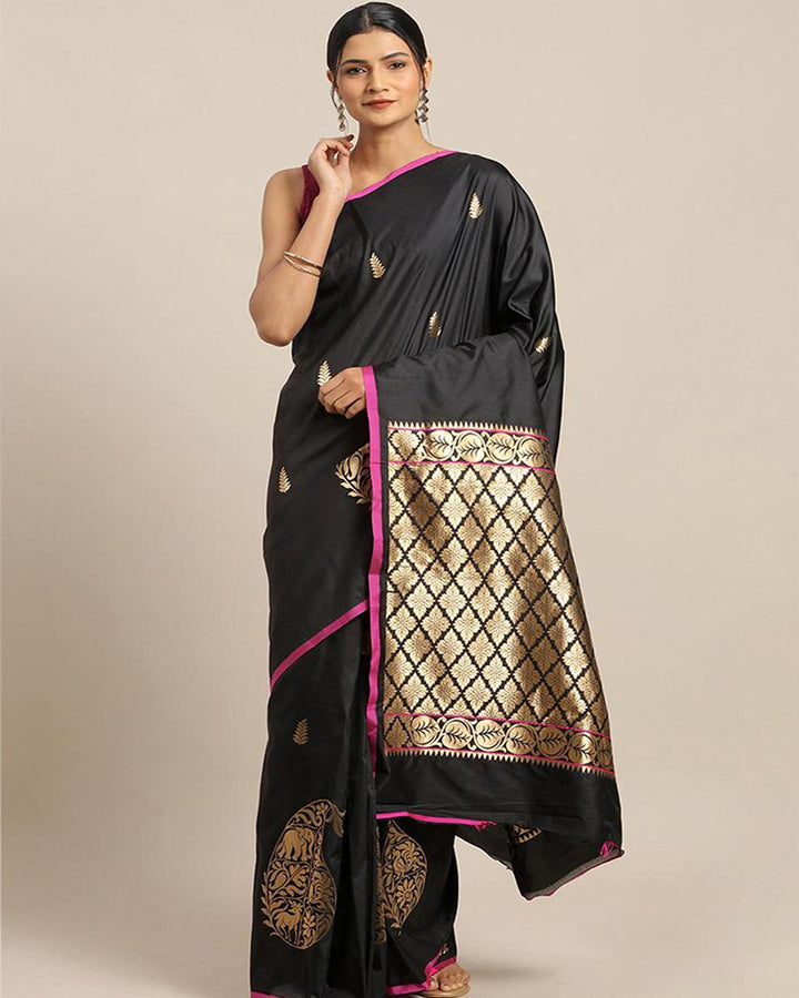Beautiful Weaving Zari Work Gold And Black Banarasi Silk Saree