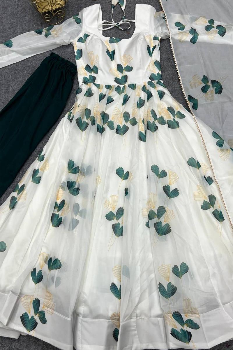 White Color Amazing Print Organza Tabby Silk Anarkali Suit With Pent & Dupatta