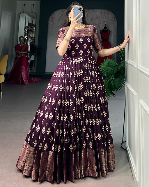 Wine Color Kota  Chex Zari Weaving Work Gown