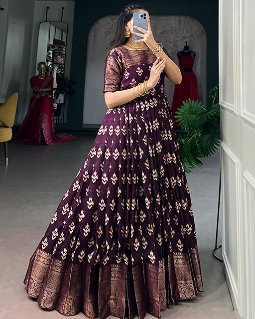 Wine Color Kota  Chex Zari Weaving Work Gown
