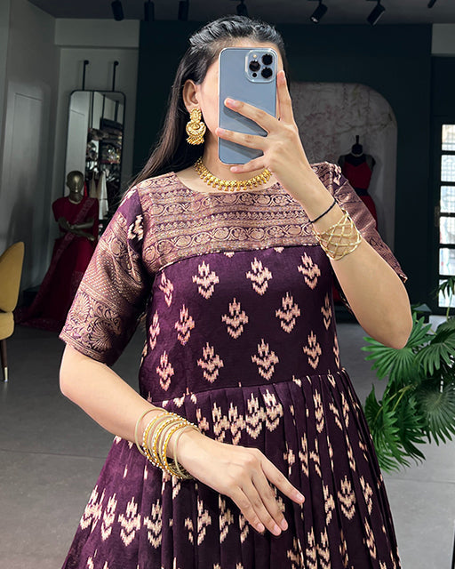 Wine Color Kota  Chex Zari Weaving Work Gown