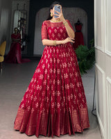 Red Color Kota  Chex Zari Weaving Work Gown