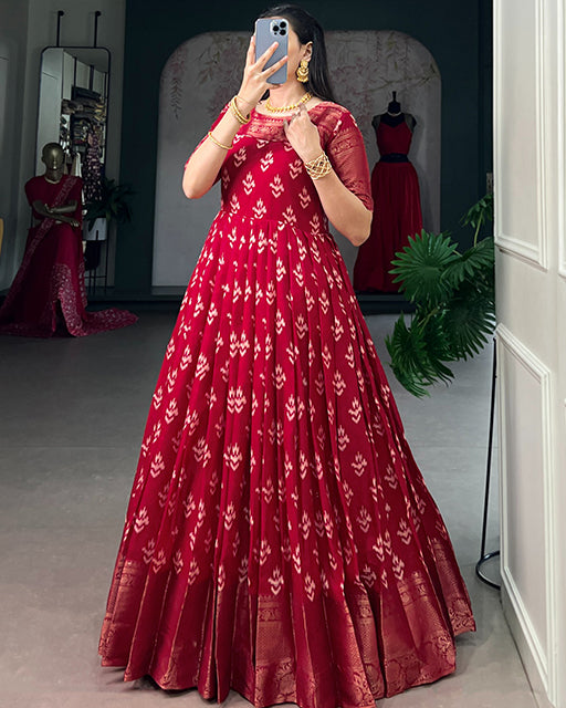 Red Color Kota  Chex Zari Weaving Work Gown