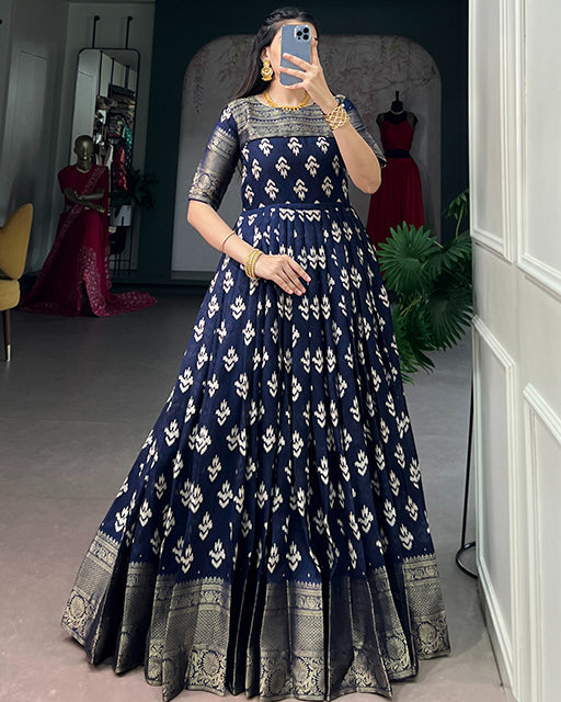 Navy Blue Color Kota  Chex Zari Weaving Work Gown
