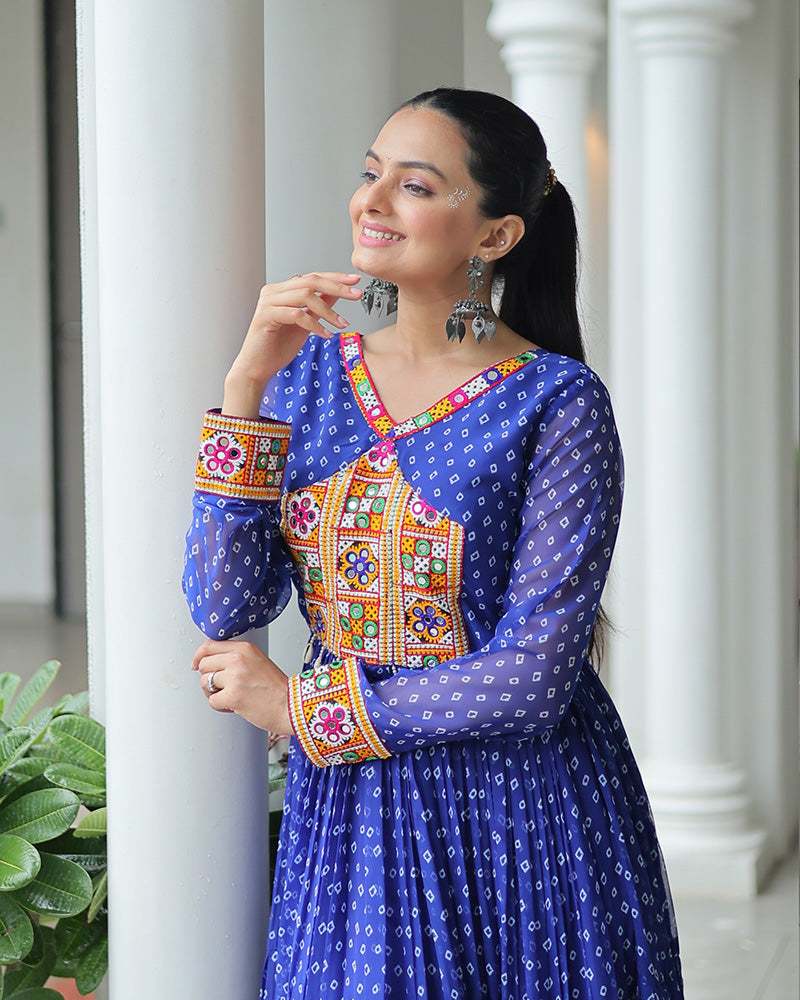 Blue Color Georgette Bandhani Print Navratri Gown