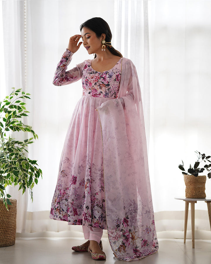 Baby Pink Color Organza Silk Three Piece Anarkali Suit