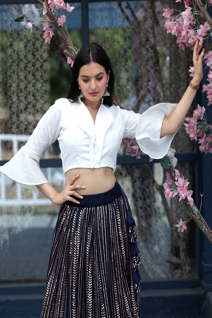 White And Black Color Faux Blooming Designer Sequence Lehenga Choli