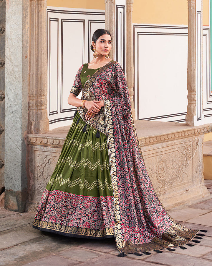 Green Color Ajarakh Printed Silk Designer Lehenga Choli