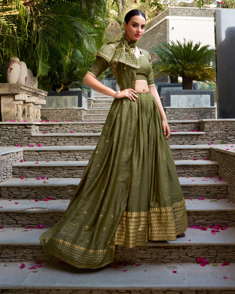 Mehndi Color Pure Chanderi Plain Navratri Half Saree