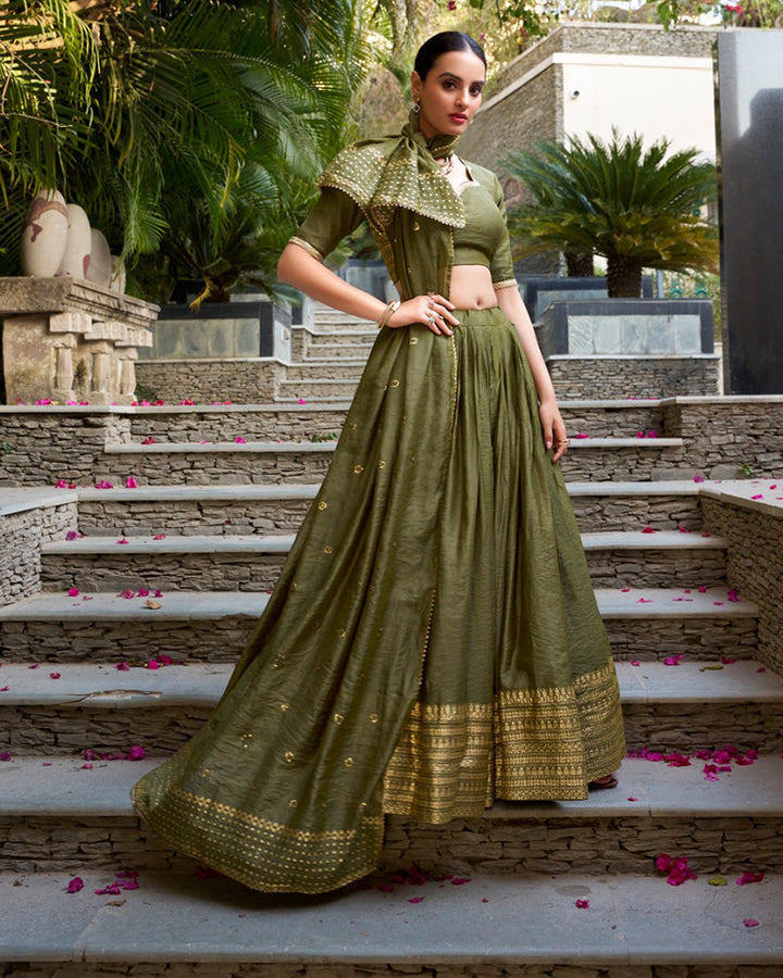 Mehndi Color Pure Chanderi Plain Navratri Half Saree
