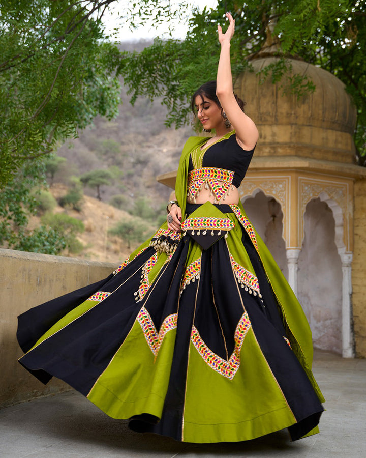 Parrot Green And Black Color Cotton Navratri Lehenga Choli