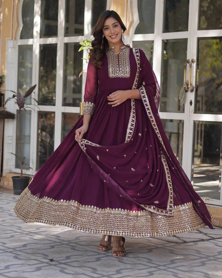 Wine Color Faux Blooming Rich Embroidered Work Gown