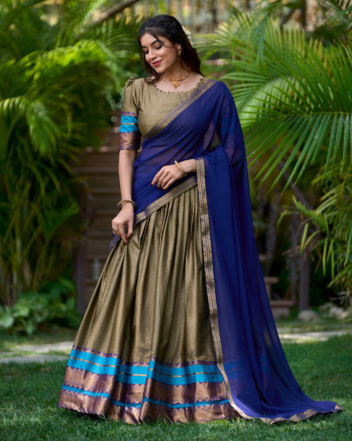 Chikoo Color Poly Cotton Zari Weaving Work Half Saree