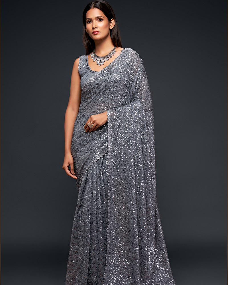 Slate Grey Color Designer Multipal Sequences Embroidery Georgette Saree