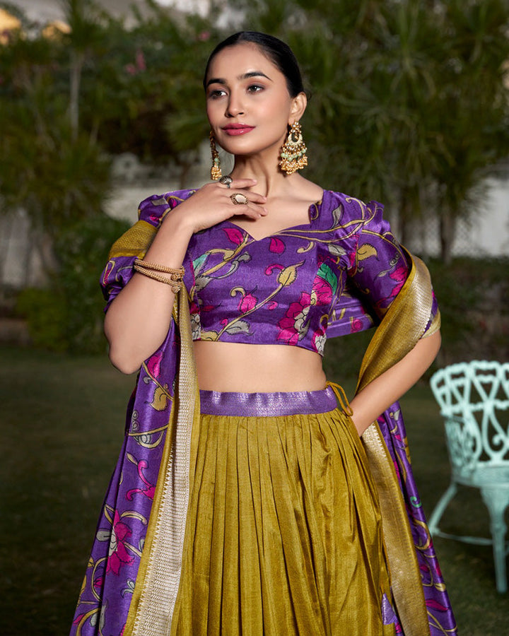 Mustard Color Dola Silk Kalamkari Printed Half Saree