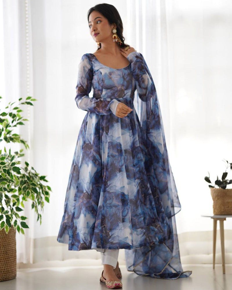 Navy Blue Color Pure Soft Organza Three Piece Anarkali Suit