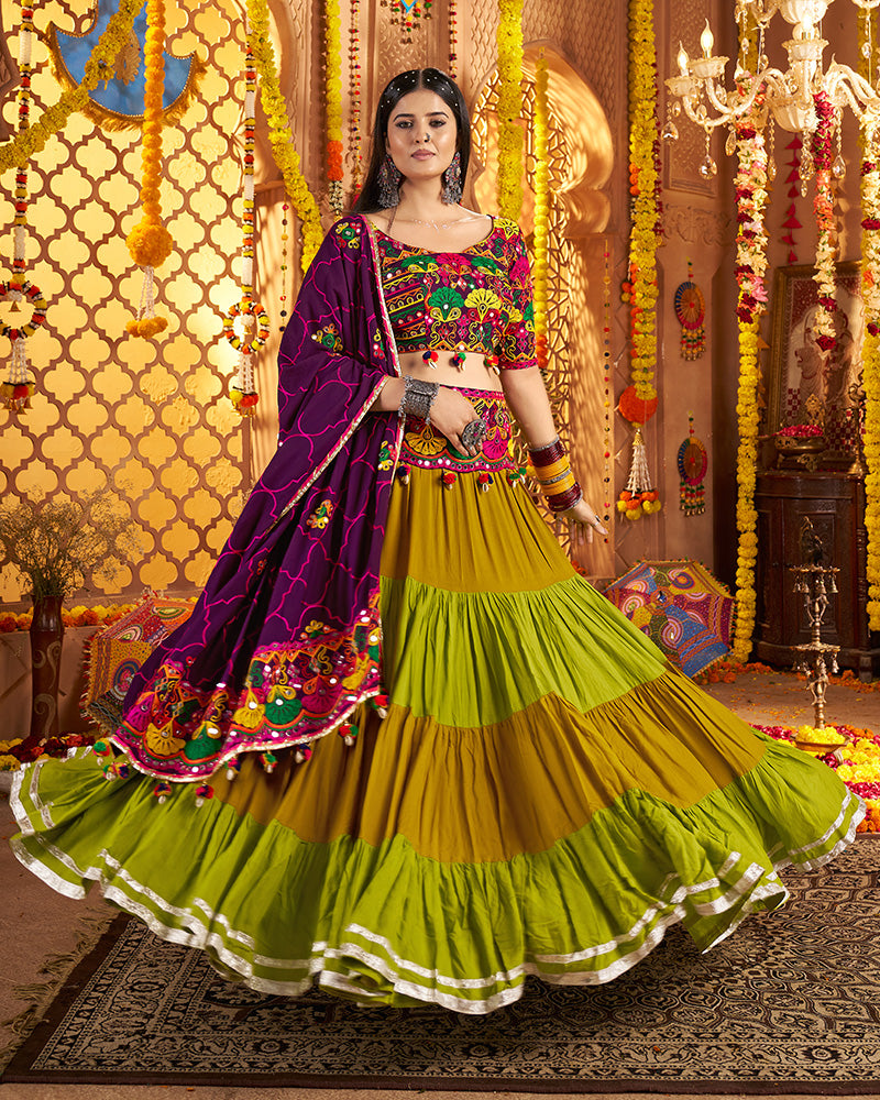 Traditional Mustard Multi Color Thread And Mirror Work Lehenga Choli