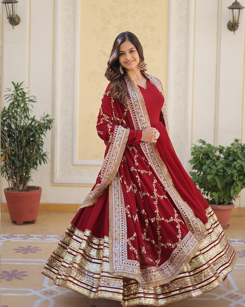 Designer Maroon Color Blooming Sequence Embroidery Work Gown