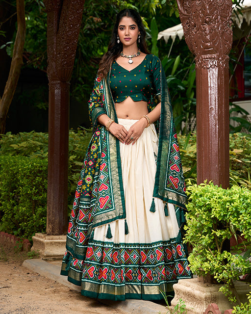 Patola Printed Green Color Tussar Silk Lehenga Choli