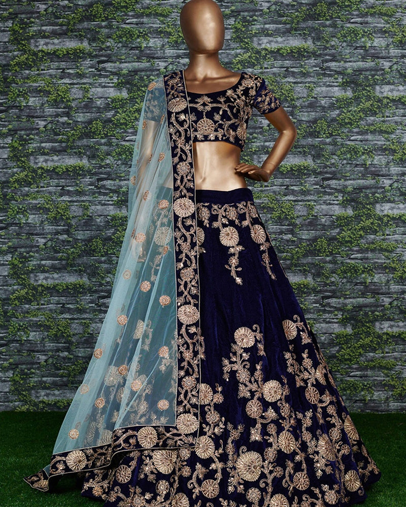 Navy Blue Silk Velvet Designer Lehenga Choli