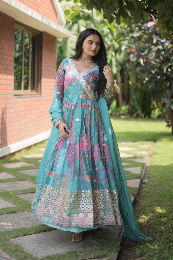 Sky Blue Color Russian Silk Fully Stitched Gown With Dupatta