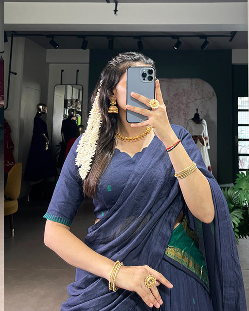 Elegant Navy Blue Chanderi Cotton Half Saree Lehenga Choli