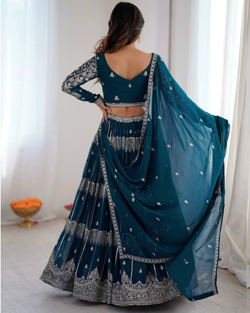Teal Blue Color Faux Georgette Sequence Embroidered Lehenga Choli