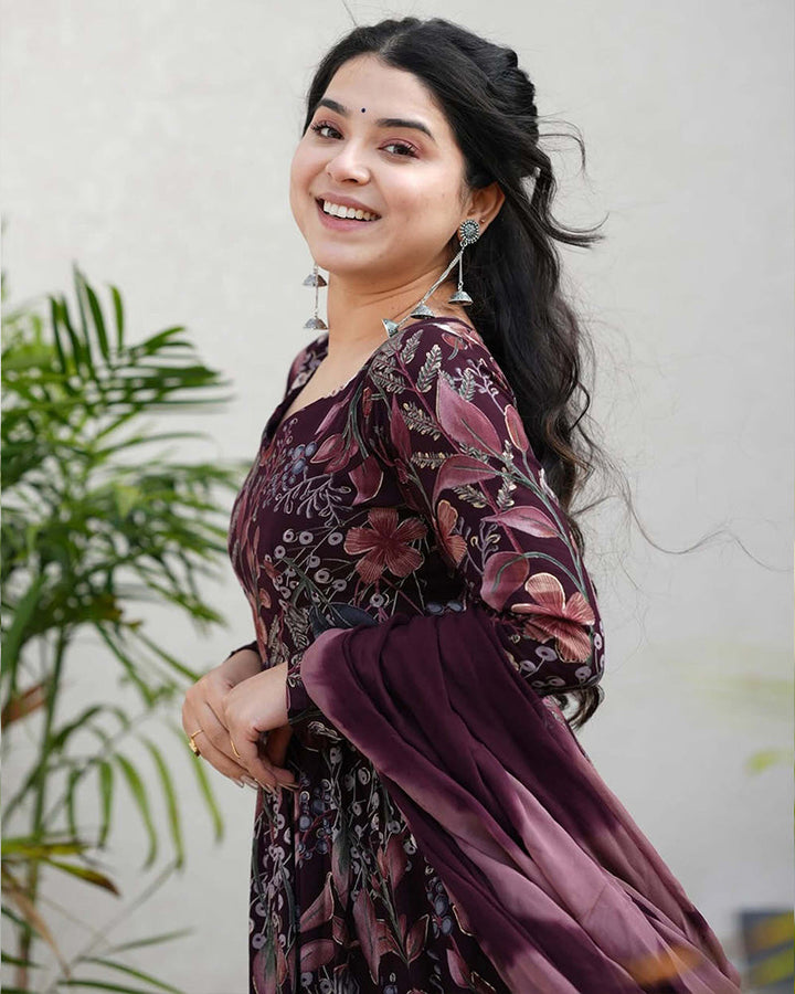 Wine Color Rayon Floral Print Three Piece Anarkali Suit