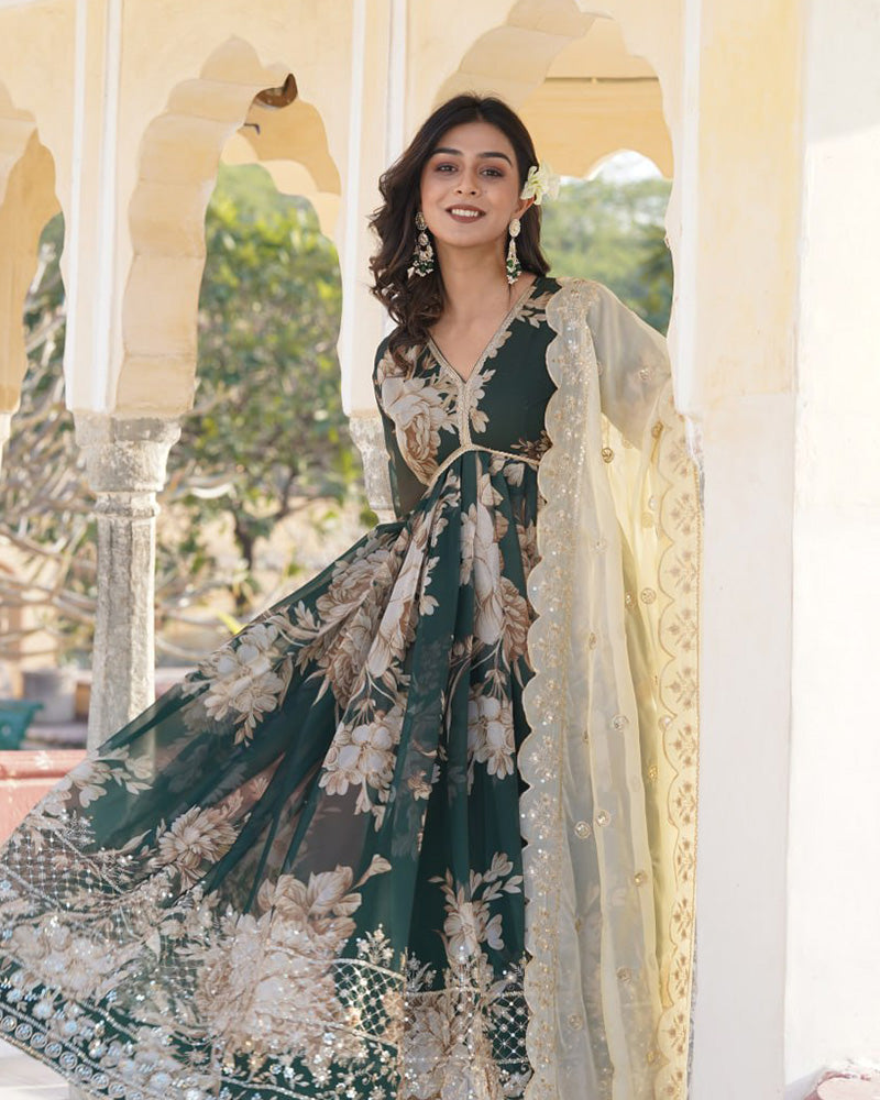 Mehndi Color Russian Silk Gown With Designer Dupatta
