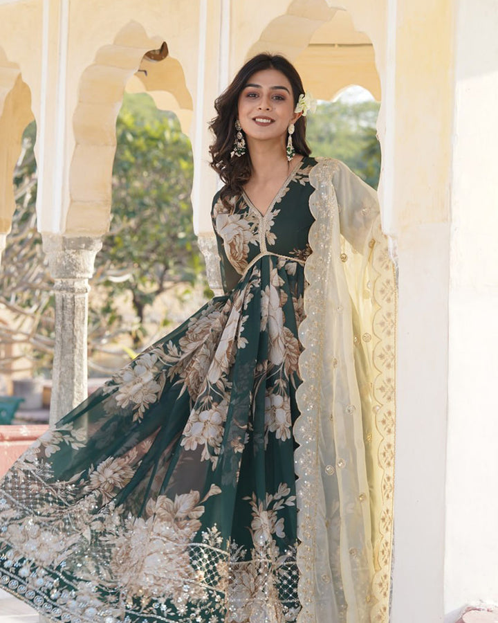 Mehndi Color Russian Silk Gown With Designer Dupatta
