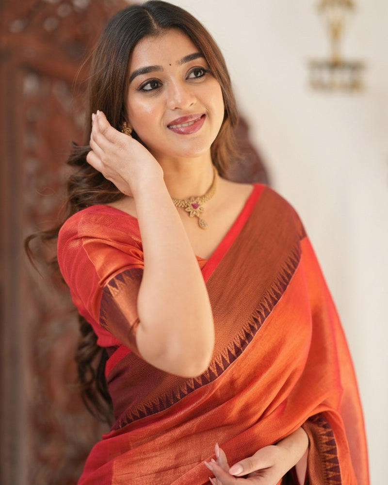 Orange Color Tissue Cotton Saree