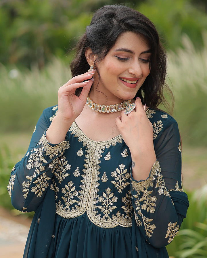 Designer Rama Color Anarkali Gown With Embroidery Dupatta