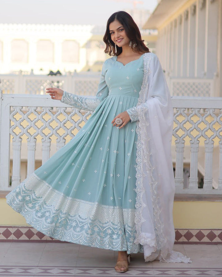 Exclusive Pista Color Georgette Gown With Dupatta