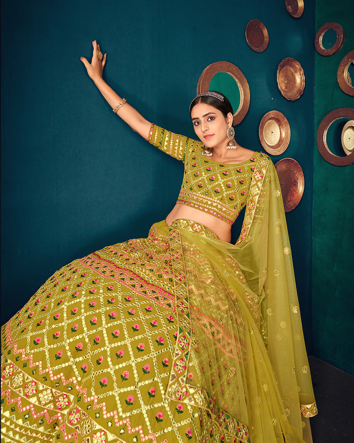 Designer Georgette Embroidery Lime Color Lehenga Choli