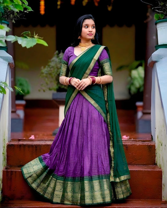 Purple Color Dola Chex Zari Weaving Half Saree